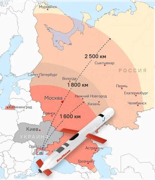 Дальность поражения объектов на территории России в случае использования Украиной ракет «Томагавк». Фото: Telegram-канал ЖИВОВ Z