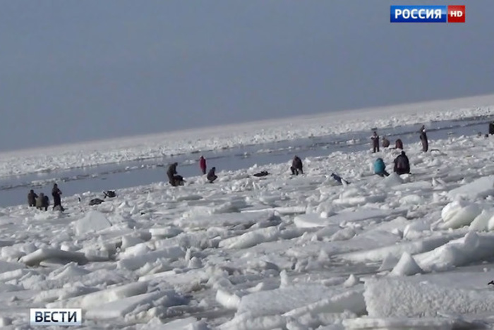 100 рыбаков плывут на льдине по Горьковскому водохранилищу