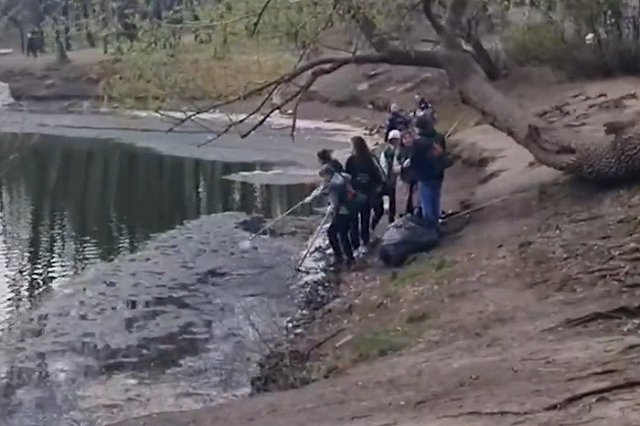 В Харитоновском парке волонтёры очистили пруд от искусственного снега