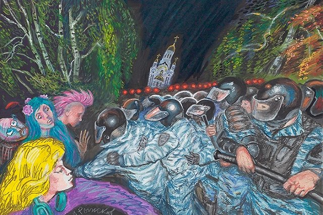 Художник-урбанист Алексей Рыжков написал картину о протестах в сквере