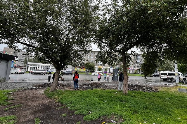 Екатеринбуржцы прячутся от дождя под деревьями в ожидании общественного транспорта