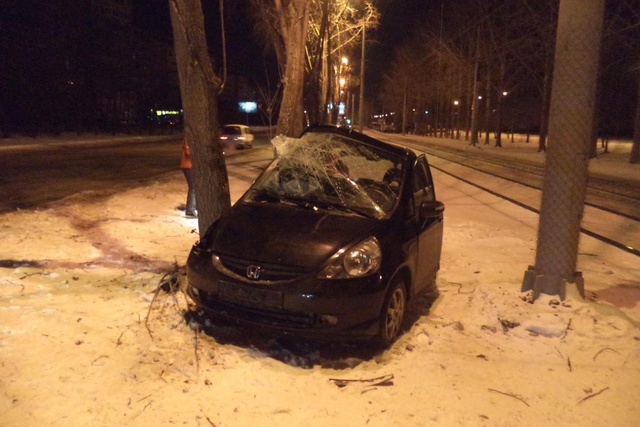 Honda Jazz врезалась в дерево на улице Сыромолотова
