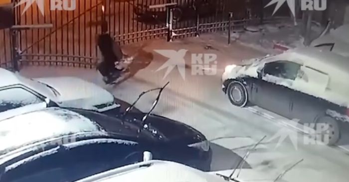 Щеголихин выламывает ворота, чтобы выехать на машине жертвы из ее двора. Фото: скрин видео КП-Екатеринбург