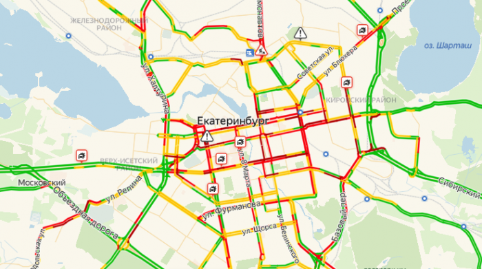 Вот как выглядит в эти минуты (18.20) центр Екатеринбурга. Скриншот Яндекс Карты 