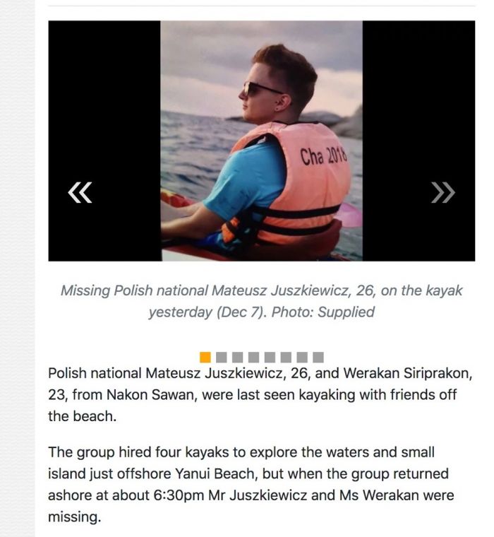 Сообщение в тайских СМИ об исчезновении туриста из Польши и девушки-тайки  