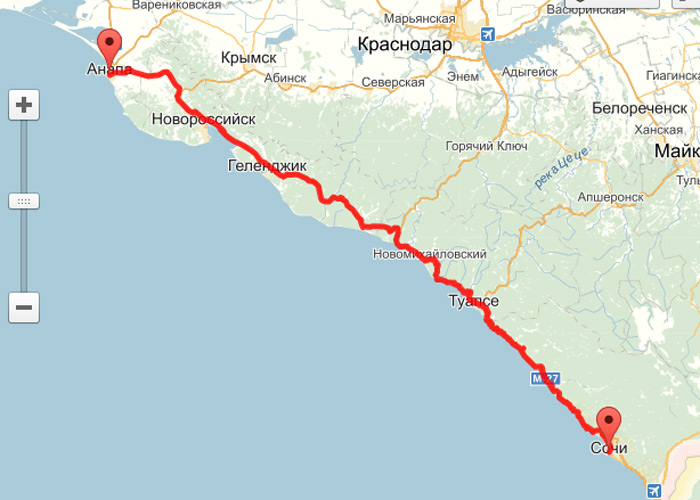 Карта от Анапы до Сочи